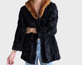 Vintage Black Astrakhan Fur Coat | Brown Fur Collar, Size S/M