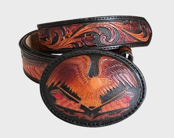 Ceinture aigle vintage en cuir repoussé : Ceinture de cowboy western peinte à la main (44 pi)
