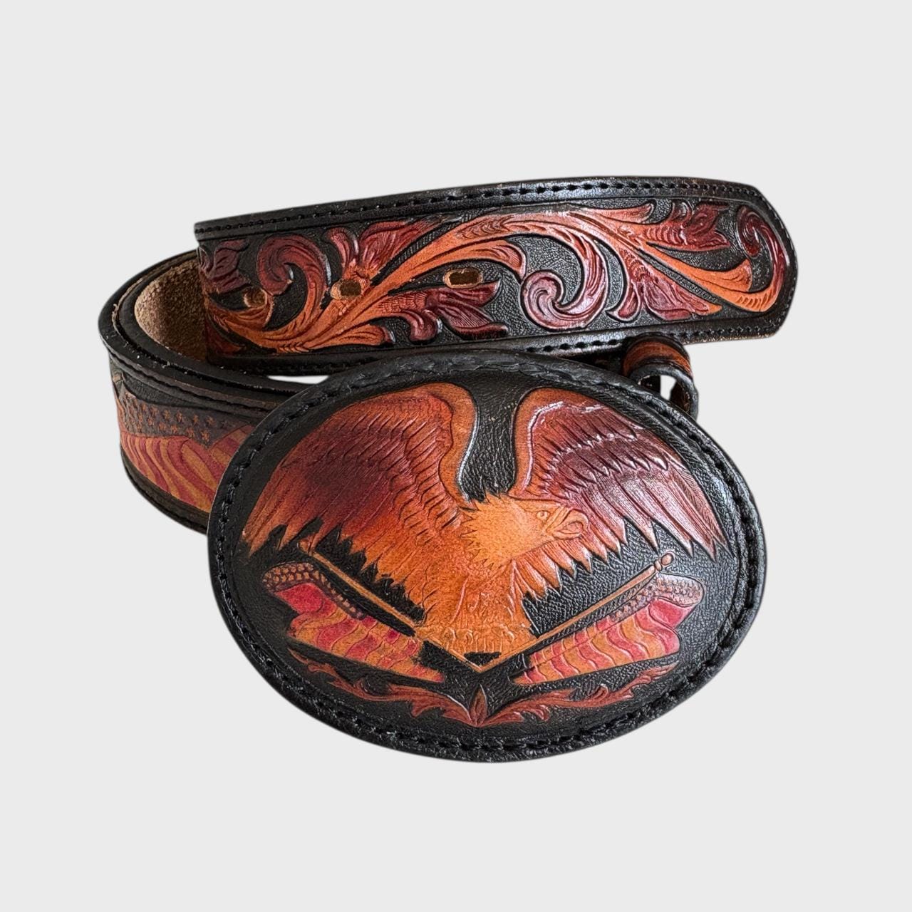 Vintage hand-tooled leather belt with vintage Fraulein eagle buckle. Artisan Handcrafted Eagle Embossed Leather Belt - Cellar Leather main image 4