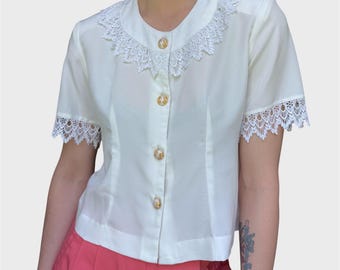 Vintage 80er Jahre Bluse mit Spitzenkragen, Schulterpolster, goldene Knöpfe
