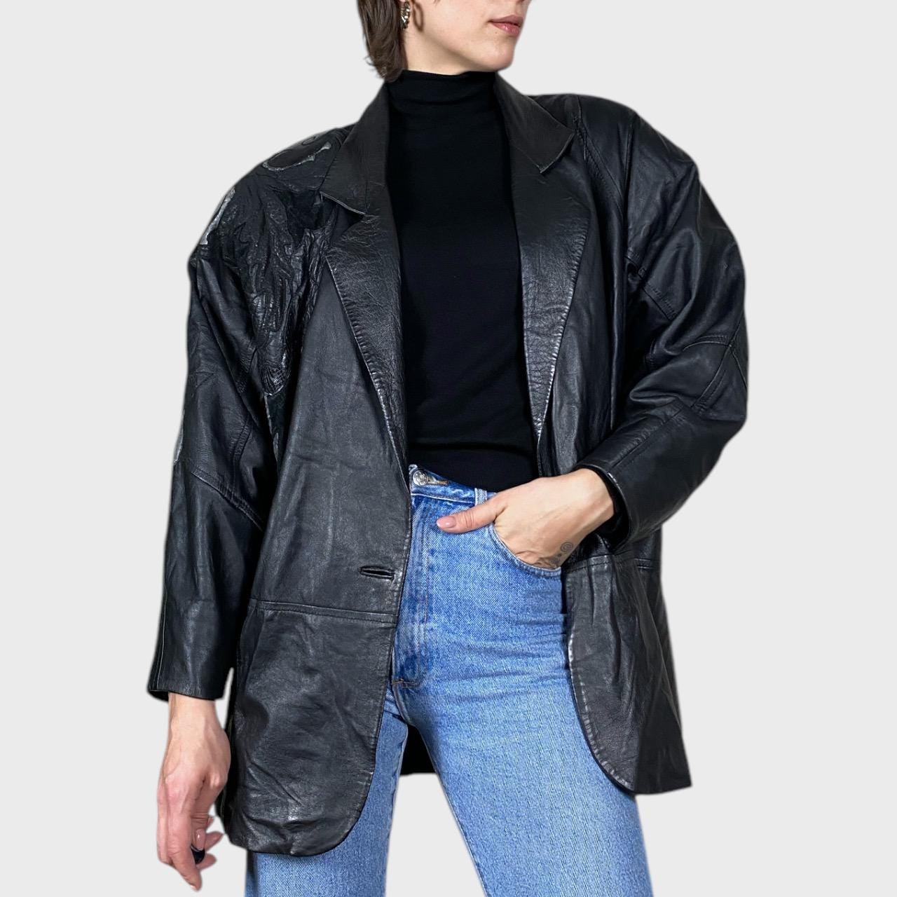 90s vintage レザーシングルライダースジャケット L ライナー付 黒