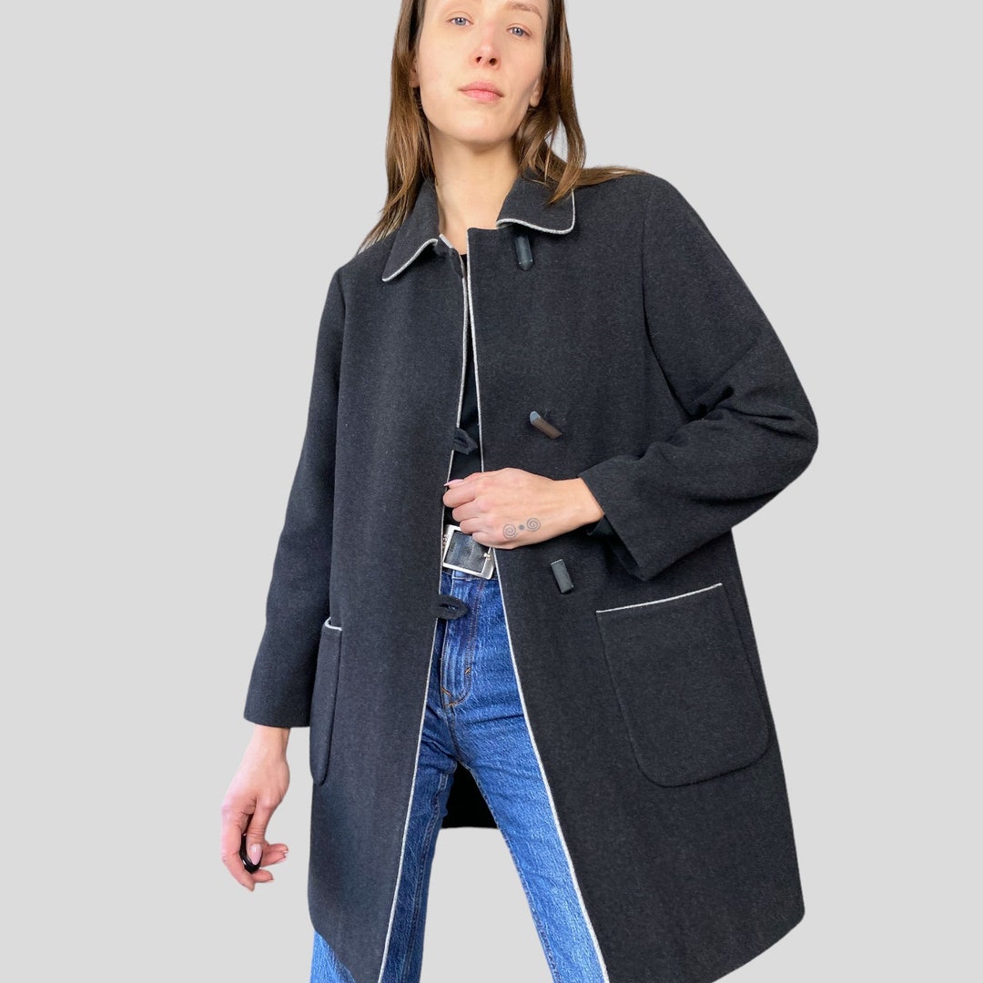 Vintage 90s Dark Grey Coat, Wool Blend, Chic Button Closure, Size