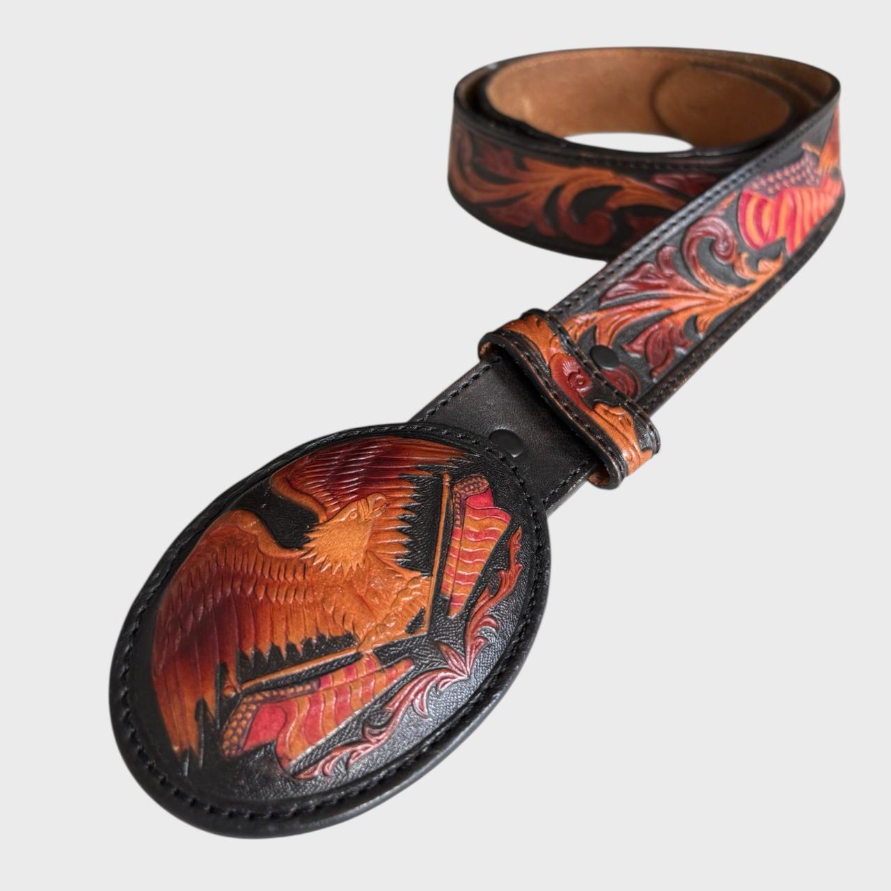 Western Style Tooled Leather Belt With Silver Eagle Buckle Ridge Mountain Tooled Brown Leather Belt with Eagle Design  main image 4