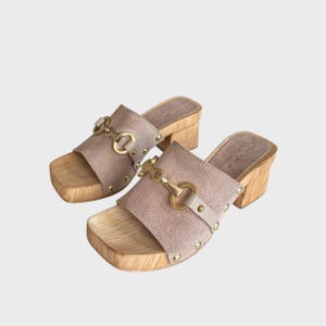 Vintage Suede Leather Platform Mules | EU 37 | Beige Wooden Heel Slip-Ons | 2000s Style Sandals with Gold Hardware