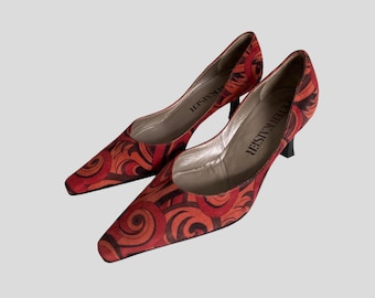 Vintage Peter Kaiser Swirl Print Genuine Leather Kitten Heel Pointy Square Toe Heels