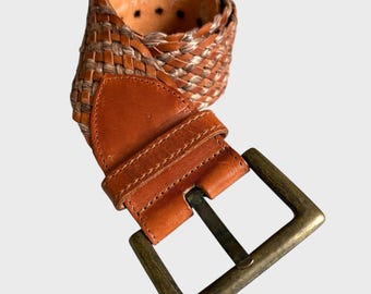 Vintage Woven Leather Belt – Brown, Brass Buckle, Boho  display picture 3