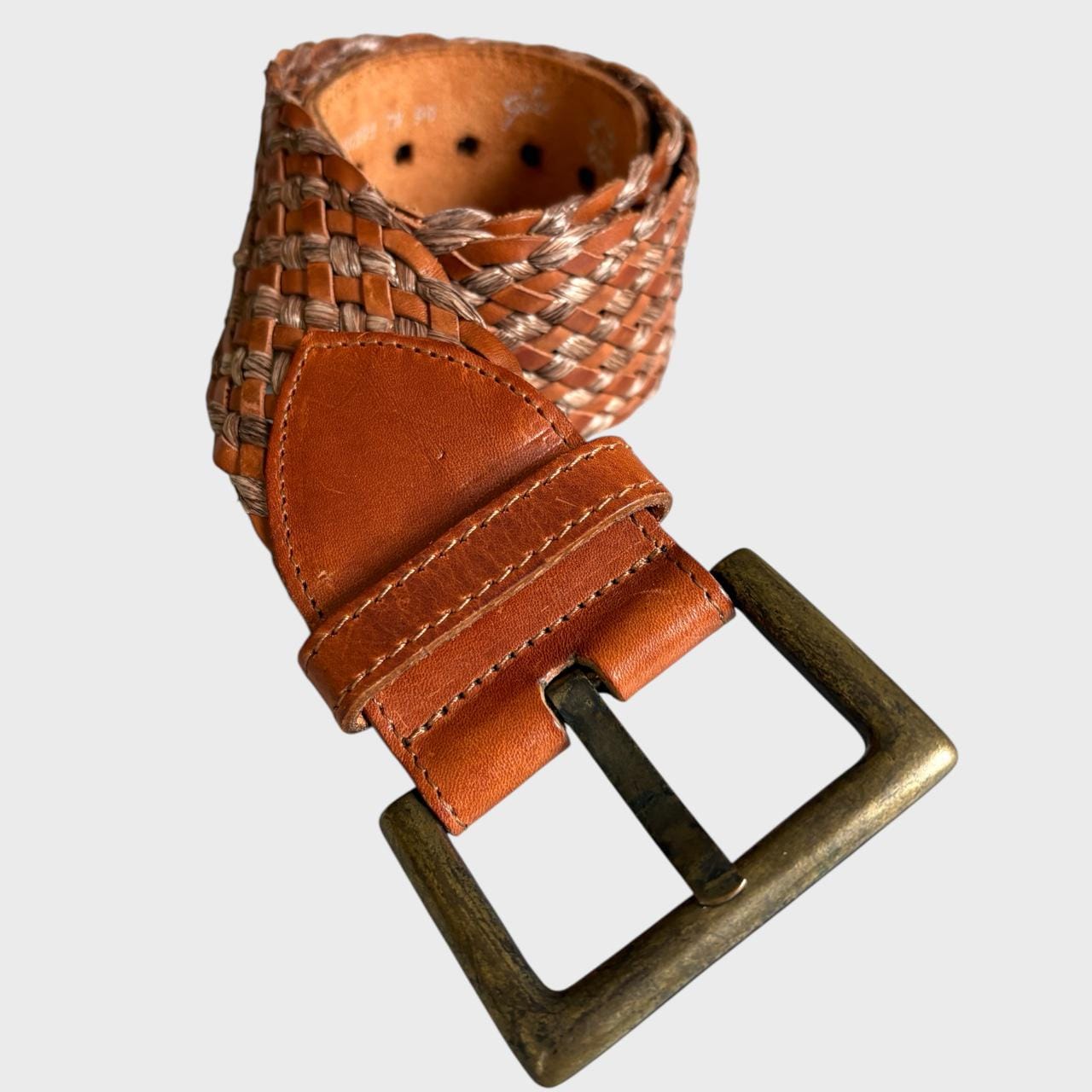 The Leather Shop Statement Belt Brass Buckle Decoration Crossstich Western Boho Vintage Boho Laced Leather Belt • Wide Rustic Brown • Aged  main image 3