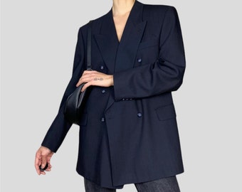 Vintage 90s Navy Blue Striped Wool Size XL Oversized Long Blazer Jacket
