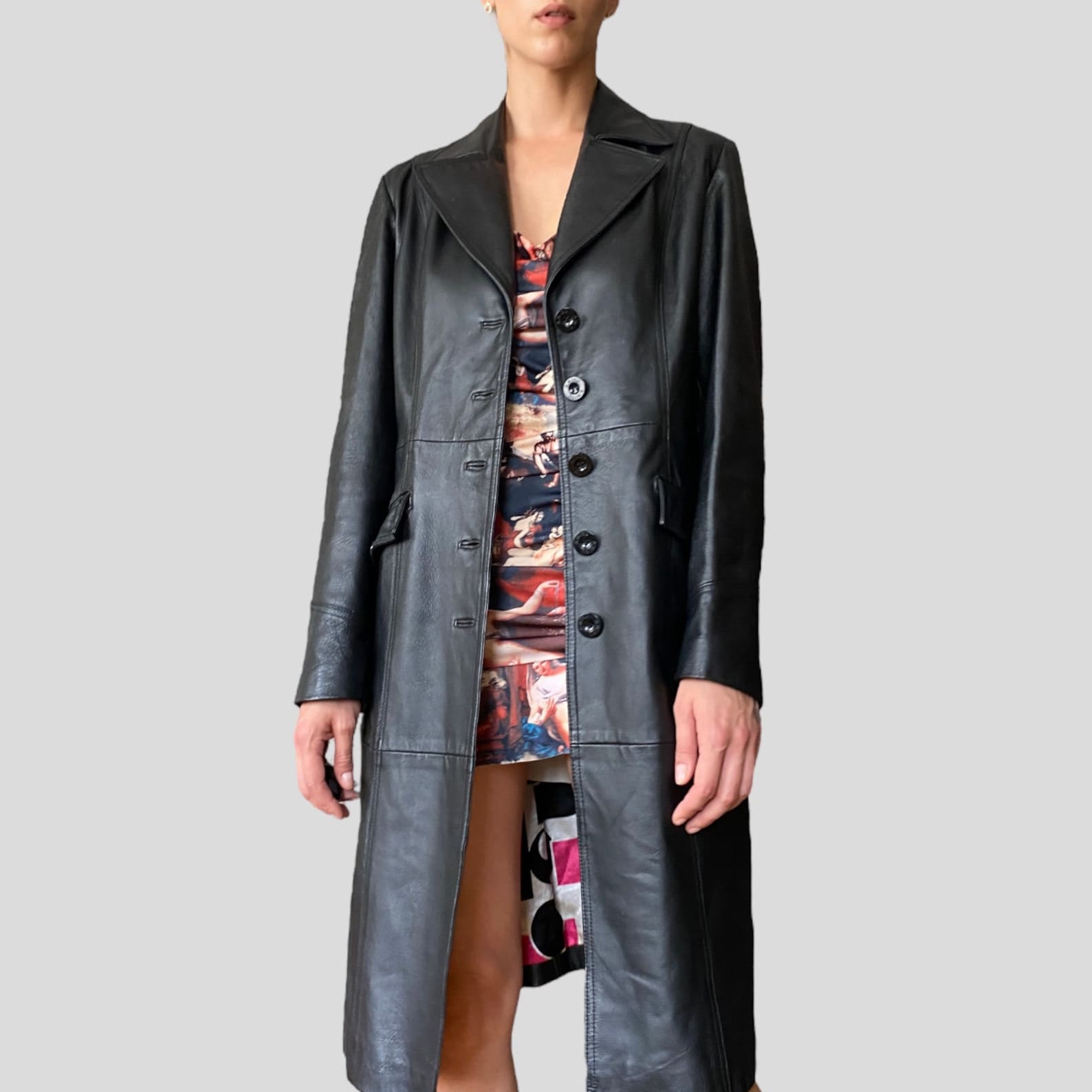 Vintage 90s Y2K Black Genuine Soft Leather Button Closure Long Matrix Style Jacket Trench Coat