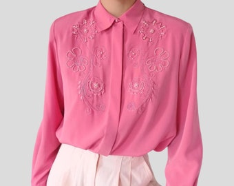 Camicetta vintage anni '90 con rose ricamate rosa: petto con perline, spalle imbottite