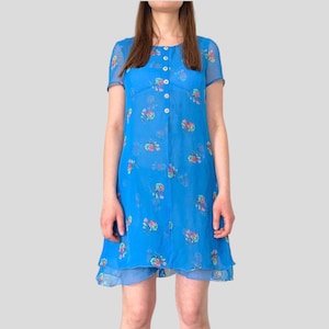 Vintage Blue Floral Printed Dress, 90s Short Sleeve Mini Summer Dress
