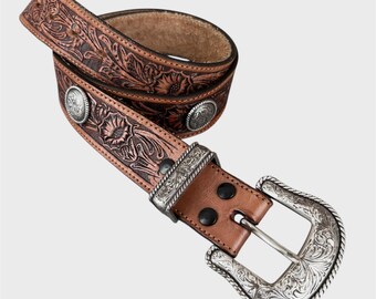 Vintage Brown Leather Belt: Embossed Floral Design, Silver  display picture 3