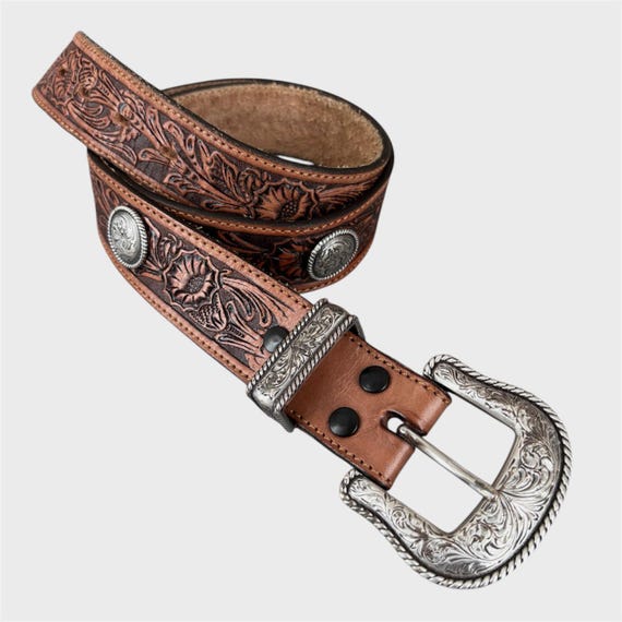 Tooled Leather Western Belt: Vintage Floral Engraved Cowboy  display picture 1
