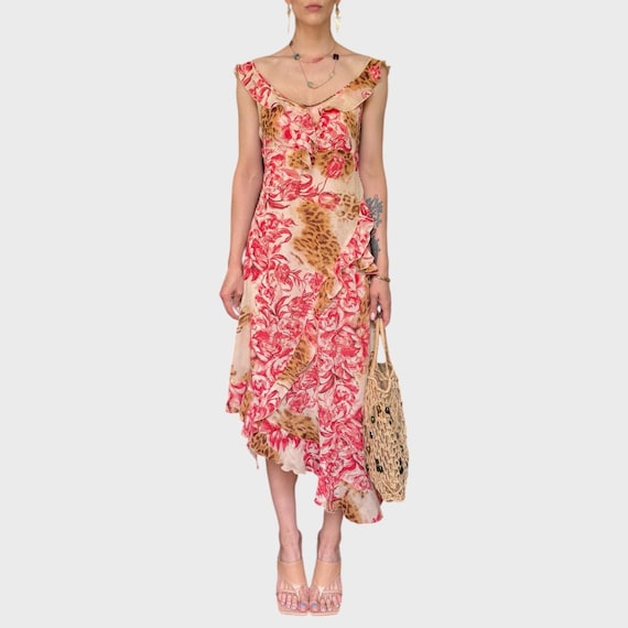 Y2K Floral Leopard Midi Dress: Vivien Caron Asymmetrical Ruffle Hem Y2K Floral Leopard Midi Dress: Vivien Caron Asymmetrical Ruffle Hem