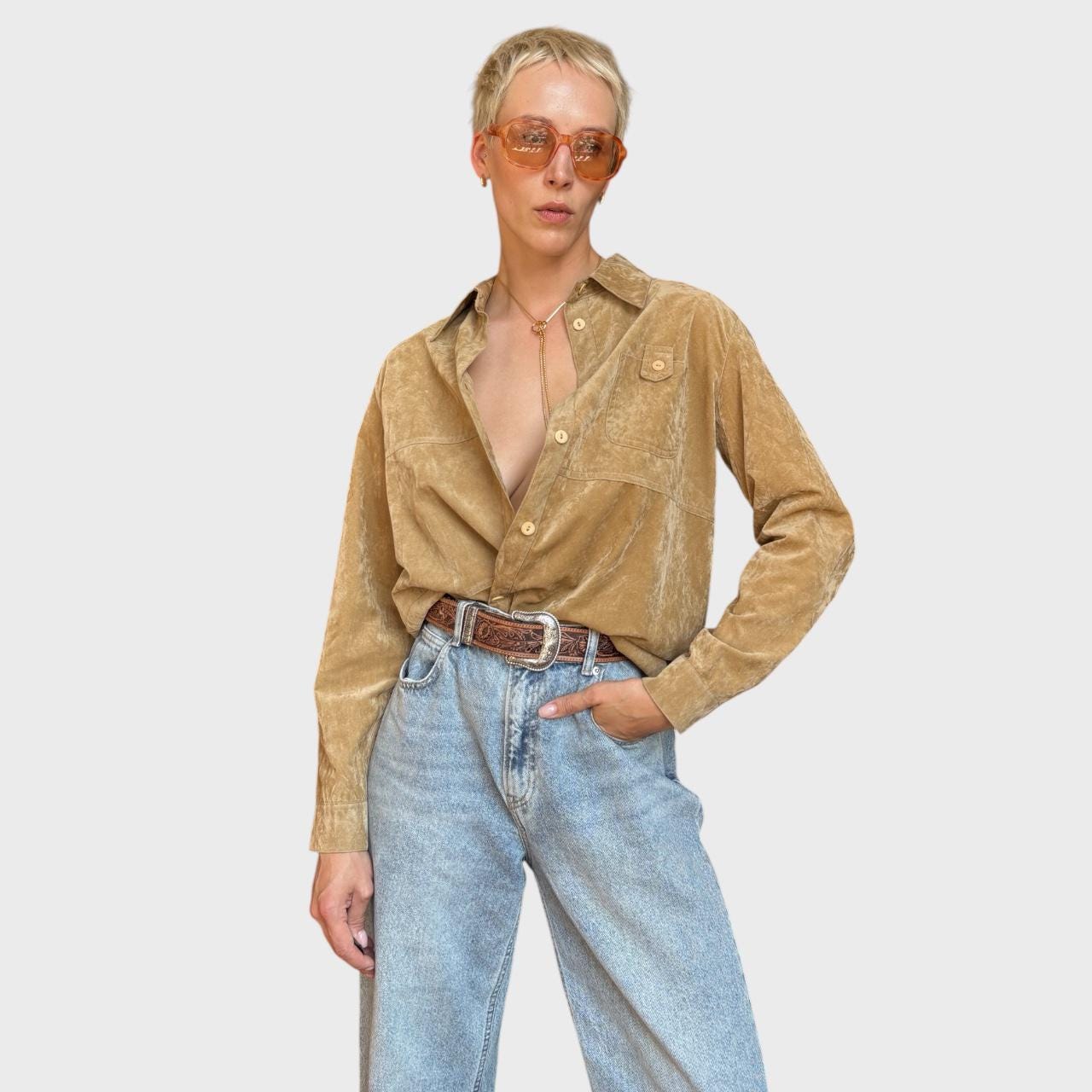 Chemisier Femme Vintage En Simili Daim Polyester - Taille 38 - Vert - Très Bon état