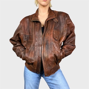 Blouson aviateur vintage en cuir marron unisexe taille L
