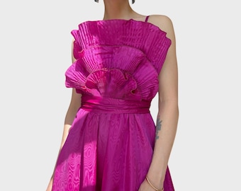 Vintage Vera Mont Fuchsia Evening Gown – 1970s Flutter Sleeve Chiffon Dress – Romantic Formal Dress – Bold Boho Midi Dress – Size EU36/S