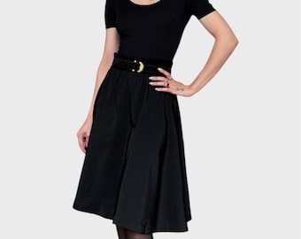 Vintage Black A-Line Midi Skirt: Velour Waist, Satin-Look, EU40