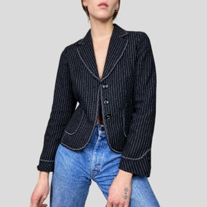 Y2K Chic: Classy Black/White Striped Blazer, Defined Waist, Size S