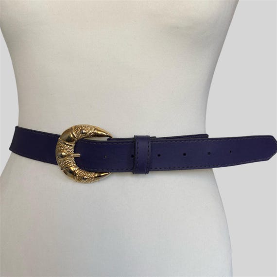 Vintage purple leather belt with large gold buckle Vintage 80s Purple Leather Belt: Wide Glam Rock Gold Buckle  main image 4