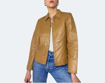 Short Sleeve Leather Blazer, Size Medium M, 90s Brown Leather 