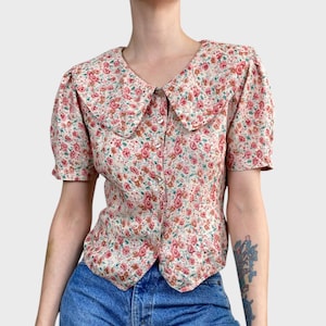 Vintage Floral Blouse  Size 34 Romantic Rose Print Top Tie Back & Statement Collar