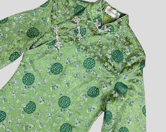 Grön maxiklänning med orientaliskt tryck i vintagestil: 3/4-ärm, UK6/XS
