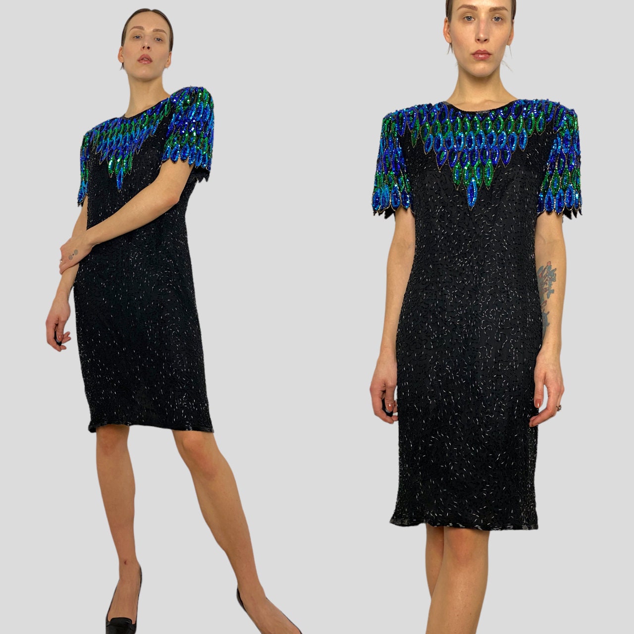 パーティードレス Black Embellished Silk Cocktail Dress VTG LAURENCE KAZAR Beaded Sequin Black Cocktail Dress 100