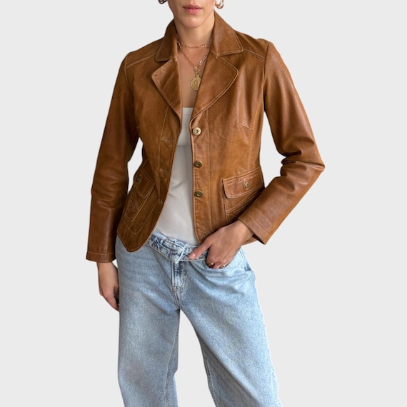 Y2K Brown Leather Blazer: Women's Vintage Fitted Jacket - Etsy