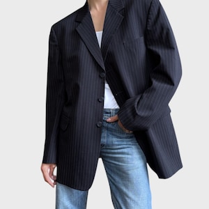 90s Oversized Wool Blend Blazer: Navy Blue Pinstripe, Size L/XL