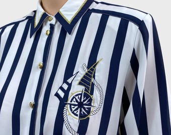 Vintage Maritime Ringelbluse XL: Besticktes Matrosenhemd
