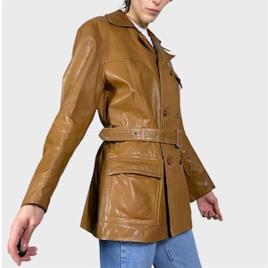 Veste en cuir marron clair vintage des années 70 pour hommes taille M ceinturée