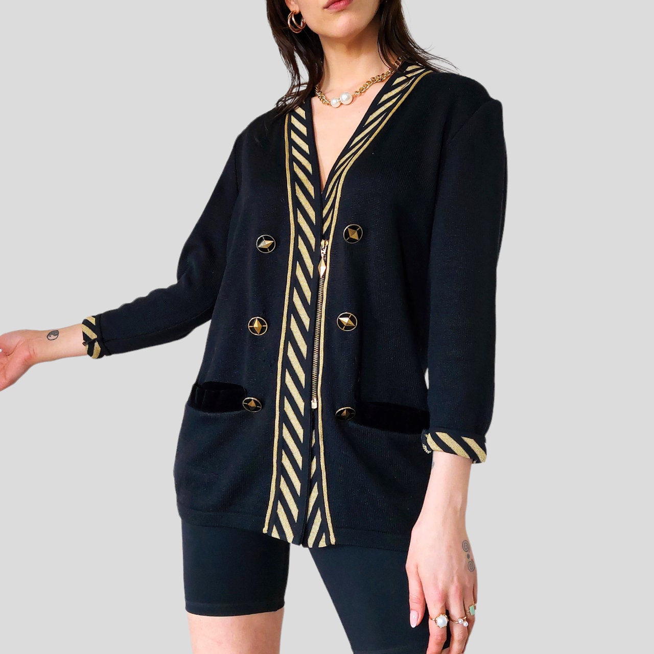 [Archive]90s Gold Lamé Grunge Cardigan Vintage 1990s Sandy Starkman Designer Cardigan With