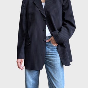 90s Navy Striped Wool Blend Blazer: Oversized Vintage Style