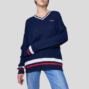 Vintage Cable Knit Sweater, 90s Style, Size XL, Navy Blue/White/Red Stripes