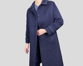 Vintage 70s Navy Blue 100% Llama Wool Size M/L Button Closure Long Winter Coat