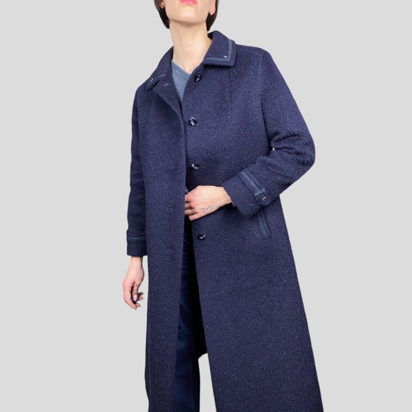 Vintage des années 70 bleu marine 100 % laine de lama taille M/L long manteau d'hiver fermeture bouton