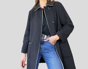 Vintage 90s Dark Grey Coat, Wool Blend, Chic Button Closure, Size