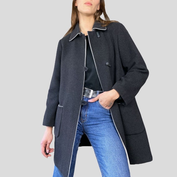 Vintage 90s Dark Grey Coat, Wool Blend, Chic Button Closure, Size