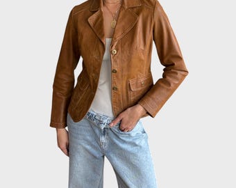 Y2K Brown Leather Blazer: Women's Vintage Fitted Jacket