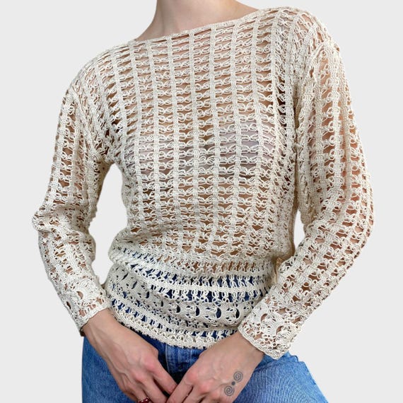 Vintage Cream Crochet Topcotton Handmade| Sheer Long Sleeve Boho