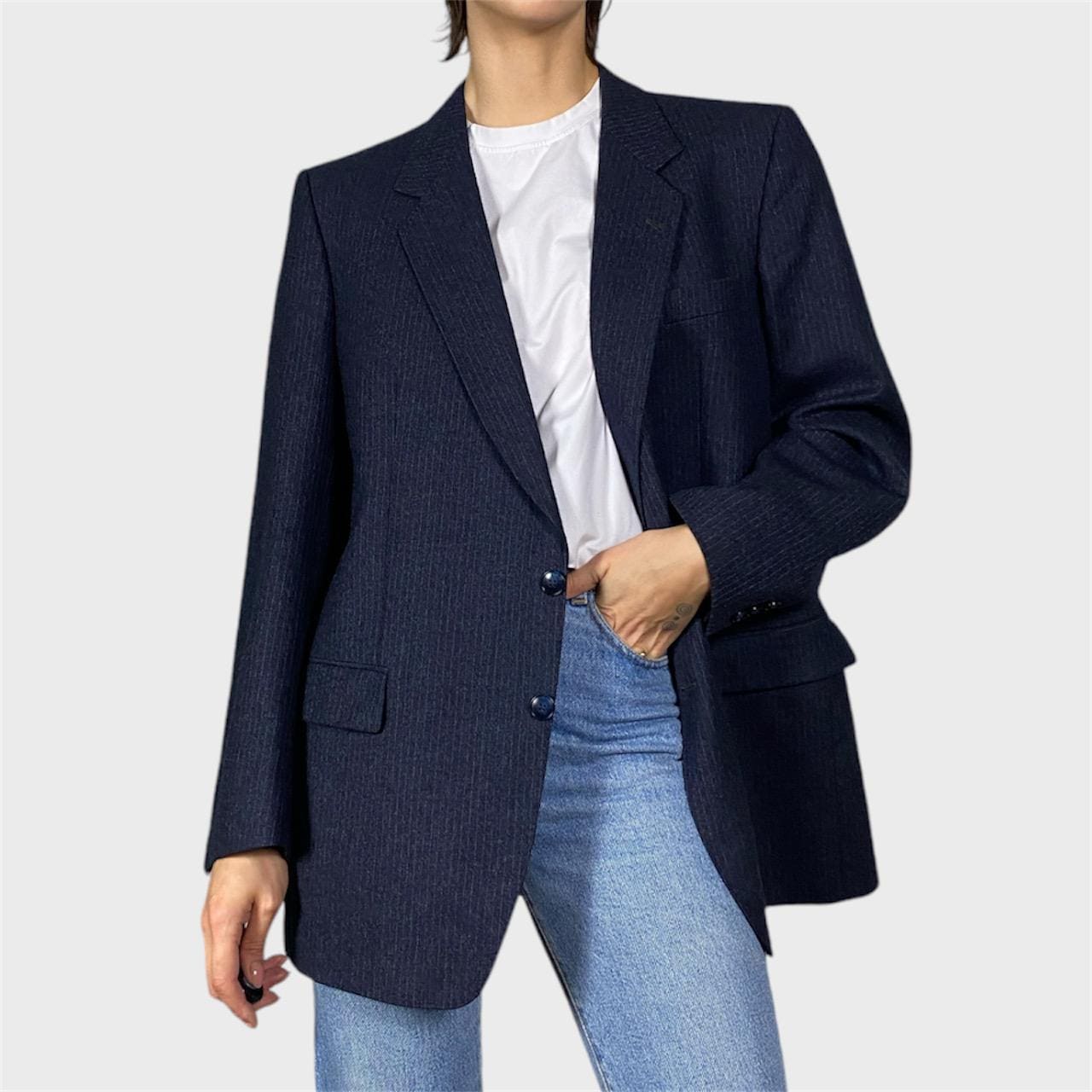 90s Navy Blue Striped Blazer, Size L/XL Oversized Long Blazer, Vintage Blue Wool Blazer