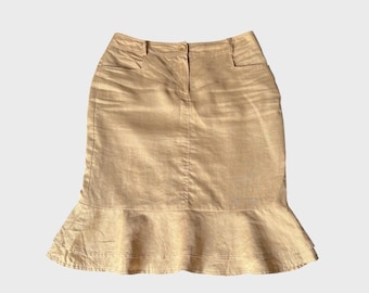 Y2K Linen Midi Skirt: Beige Ruffle Hem Pencil Skirt