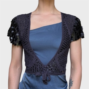 Y2K Blue Crochet Bolero: Sequin Sleeve Cropped Shrug - Size M