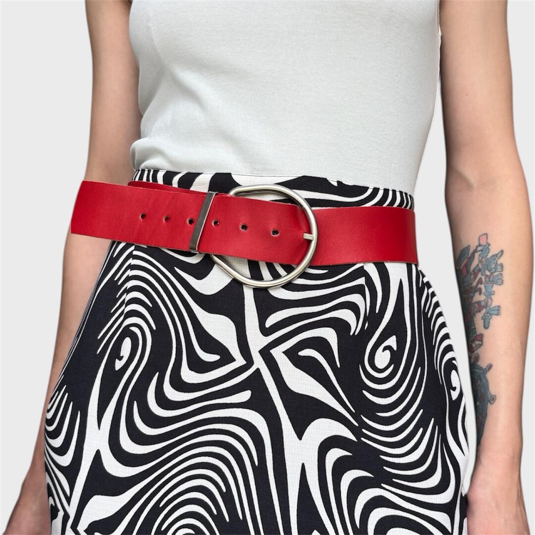 Vintage Red Leather Belt: Chunky Silver Buckle, Y2K Waist 