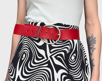 Vintage Red Leather Belt: Chunky Silver Buckle, Y2K Waist Belt