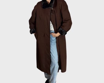 Trench coat vintage marrom escuro | Casaco de inverno com forro de pele sintética | Tamanho EU42 / US10