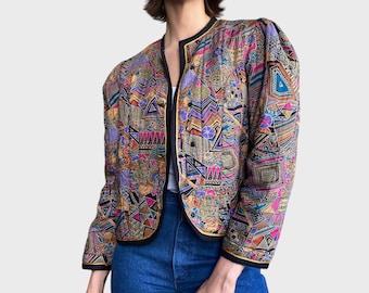 Vintage 90s Colourful Blazer Abstract Print Jacket Quilted Puff Shoulder Blazer