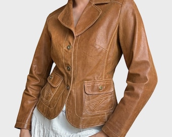 Y2K Brown Leather Blazer: Women's Vintage Fitted Jacket