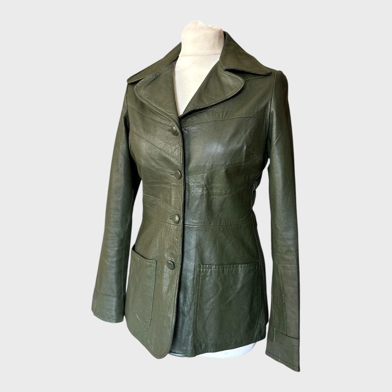 ジャケット・アウター 70s Leather Jacket Green Vintage 70s Dark Green Leather Jacket: Fitted Waist, Retro Boho